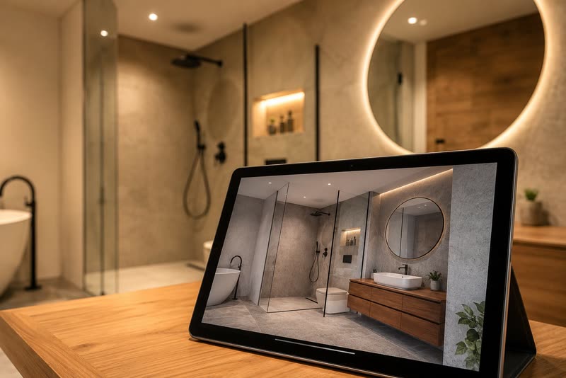 Tablet mit fotorealistischer 3D-Badplanung