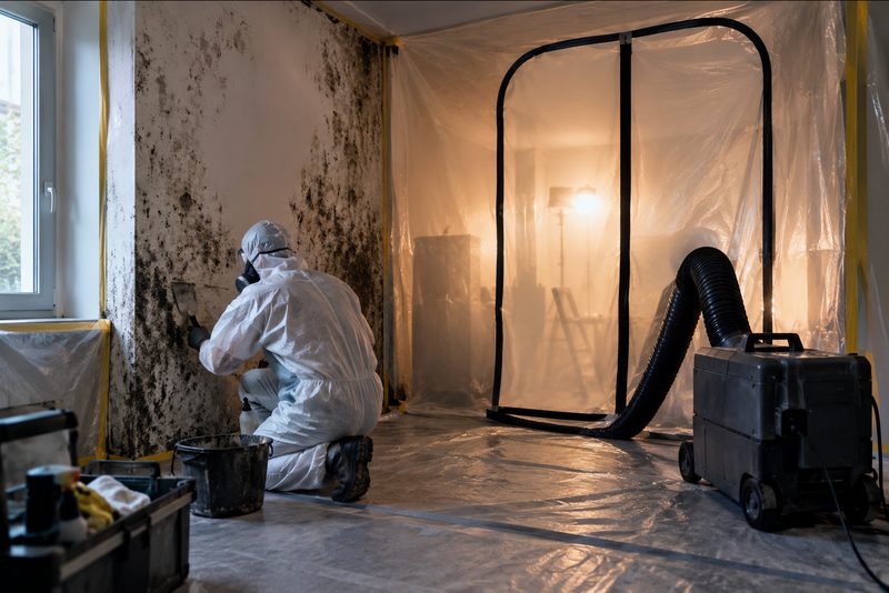 Fachgerechte Schimmelsanierung mit Schutzausrüstung und abgeschottetem Arbeitsbereich