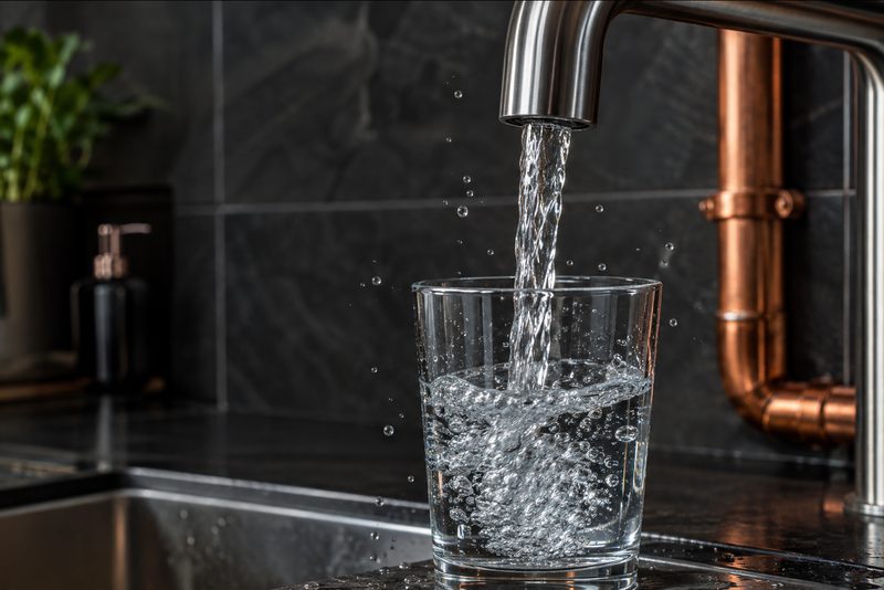 Klares Trinkwasser läuft aus einer Armatur in ein Glas