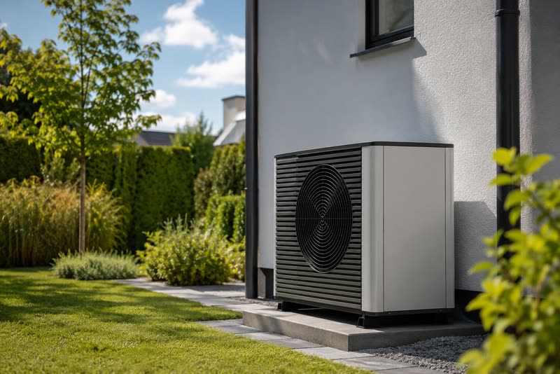 Moderne Wärmepumpe an einer Hauswand
